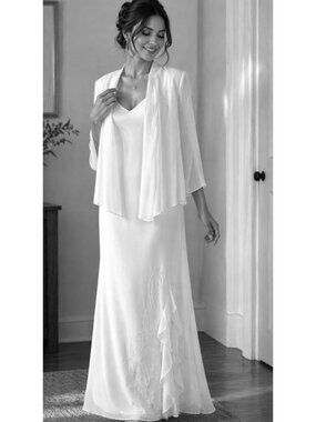 R&M Richards Size 14 White 2PC Sleeveless Beaded Dress Sheer Jacket Set